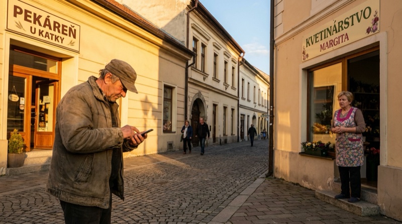 Dvaja rivalizujúci podnikatelia v slovenskom meste – jeden píše negatívnu recenziu na telefóne